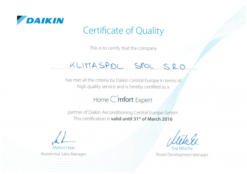 Certifikát montáž a servis klimatizace Daikin