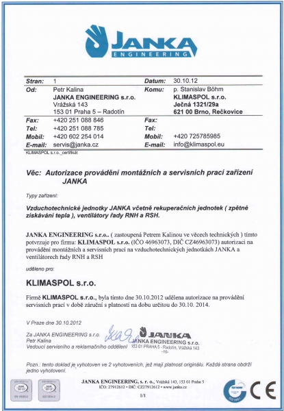 Certifikát na montáž a servis vzduchotechnických jednotek Janka Engineering s.r.o.