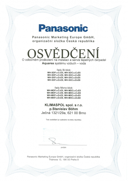 Certifikát na montáž a servis klimatizací a tepelných čerpadel Panasonic