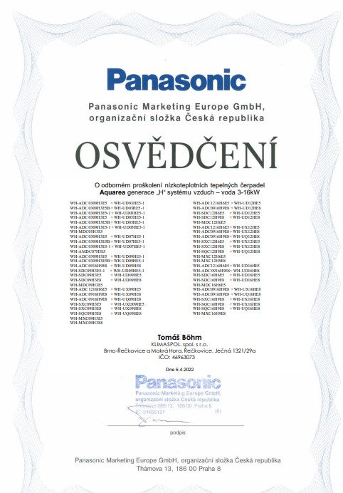 Osvědčení o odborném proškolení nízkoteplotních tepelných čerpadel Aquarea generace H systému vzduch - voda 3-16kW