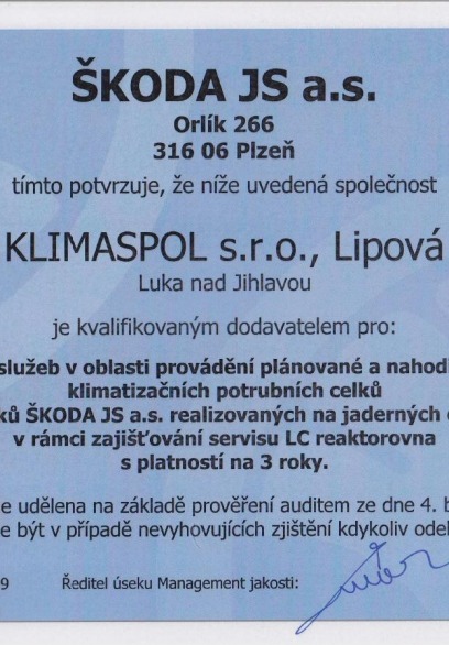 Jsme držiteli certifikátu kvalifikovaného dodavatele pro Škoda JS a.s.